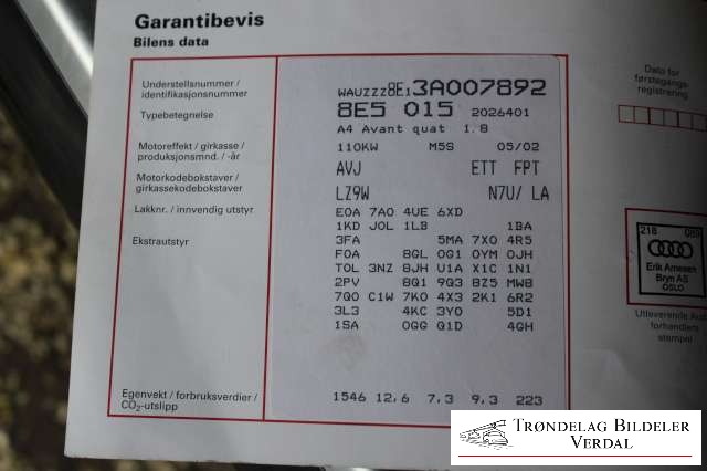 Audi A4 2001-2004 (Type II) (B6) (B6), Motorkode: AVJ, Girkassekode: M