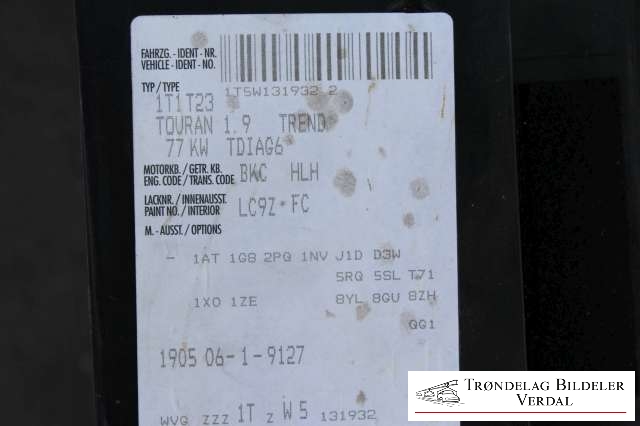 VW Touran 2003-2006 (Type I, Fase 1) , Motorkode: BKC, Girkassekode: 