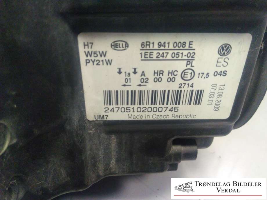 Frontlykt høyre halogen til VW Polo 2009-2014 (Type V, Fase 1) (6R1941008E|1EE24705102|)