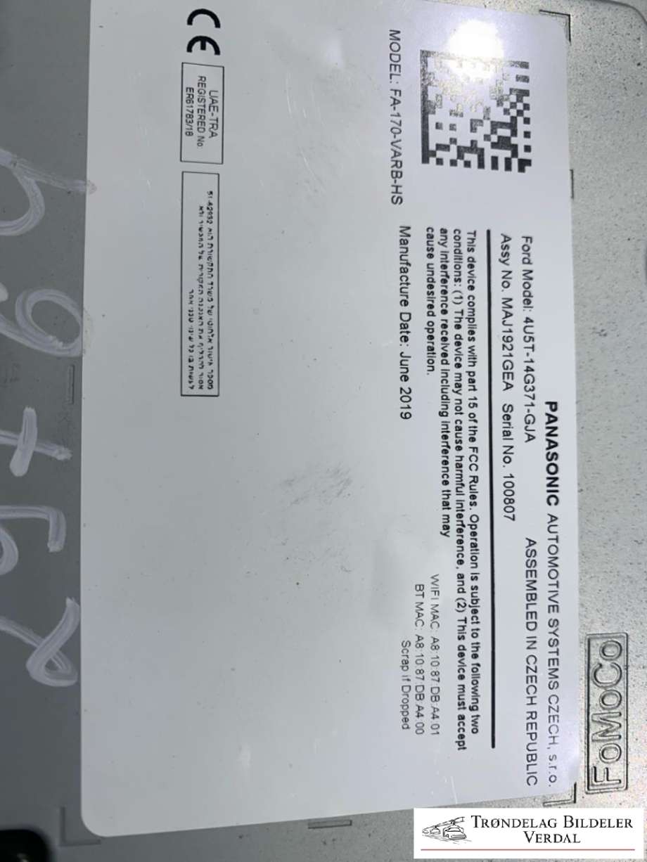 Bilstereo diverse til Ford Transit Connect 2018-->> Type II, Fase 2  (4U5T14G371GJA|)