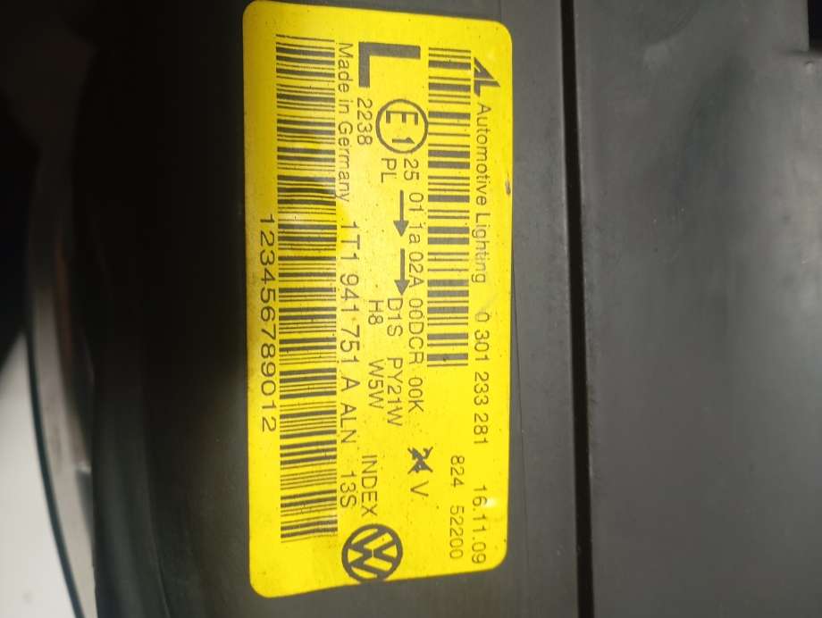 Frontlykt venstre xenon til VW Touran 2003-2006 (Type I, Fase 1) (|1t1941751a|0301233281)