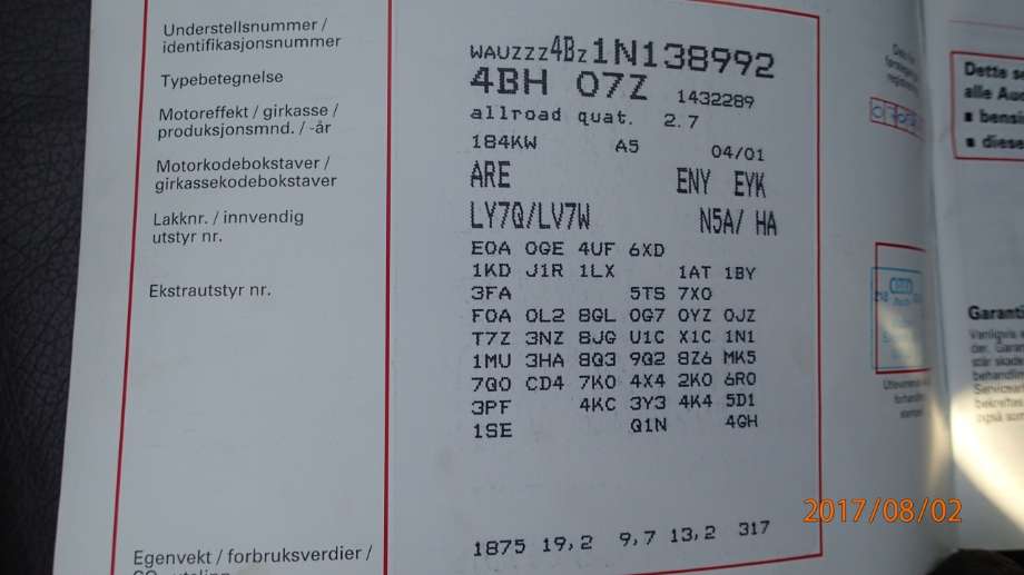 Audi A6, Allroad 2000-2005 (Type I) (C5) (C5), Motorkode: ARE, Girkassekode: ENY  EYK