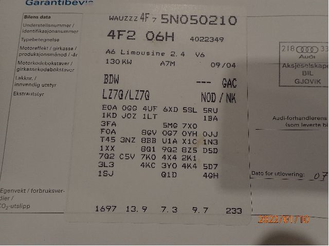 Audi A6 2005-2008 (Type III, Fase 1) (C6) (C6), Motorkode: BDW, Girkassekode: GAC