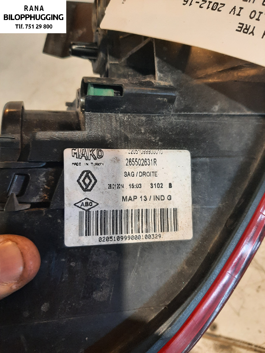 Baklykt høyre til Renault Clio 2012-2016 (Type IV, Fase 1)  (CLIO TCE 90|)