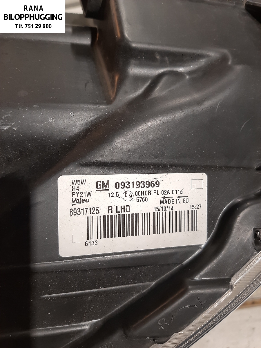 Frontlykt høyre halogen til Opel Agila 2008-2013  (OPEL||93193969)
