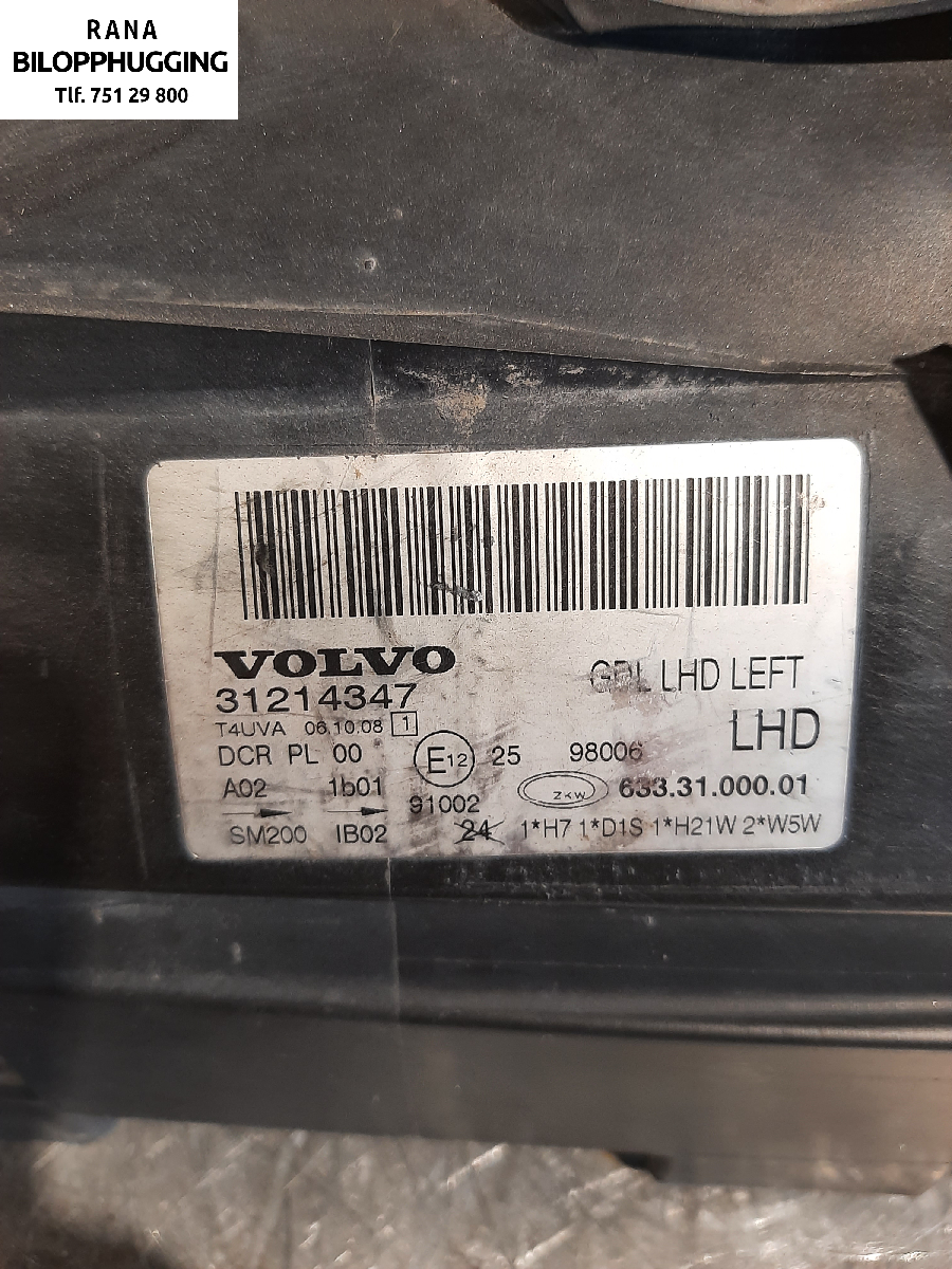 Frontlykt venstre xenon til Volvo V70 2007-2013 (Type III, Fase 1)  (VOLVO|31214416||31214347)