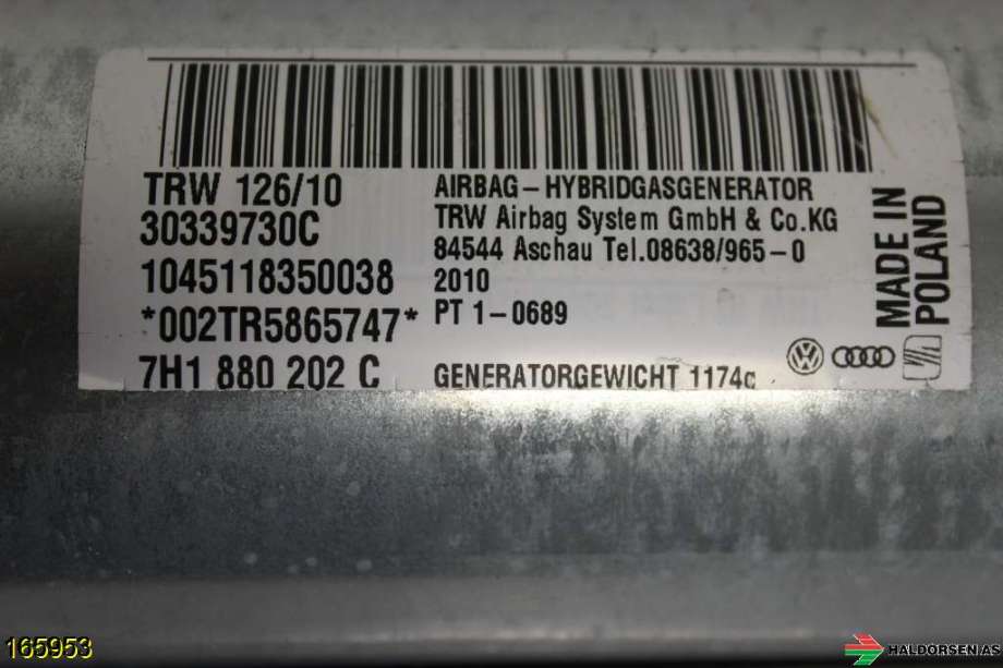 Airbag passasjer til VW Transporter / Caravelle 2009-2015 (Fase 2) (T5) (T5) (VOLKSWAGEN|7H1 880 202 C|)