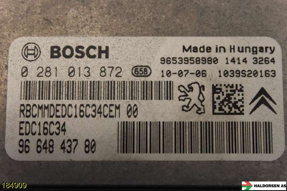 Styreenhet motor til Peugeot Partner 2008-2015 (Type II, Fase 1)  (PEUGEOT|1943 J3|0 281 013 872|)