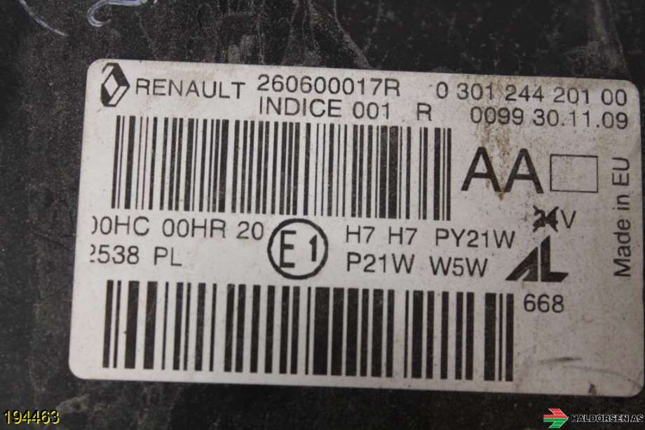 Frontlykt venstre halogen til Renault Megane 2009-2016 Type III  (RENAULT|)