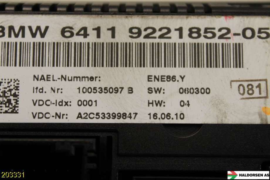 Varmeapparat betjening til BMW 3-Serie 2005-2011 (E90/E91/E92/E93) (E90/E91/E92/E93) (BMW|64 11 9 221 852||6411 9221852-05)