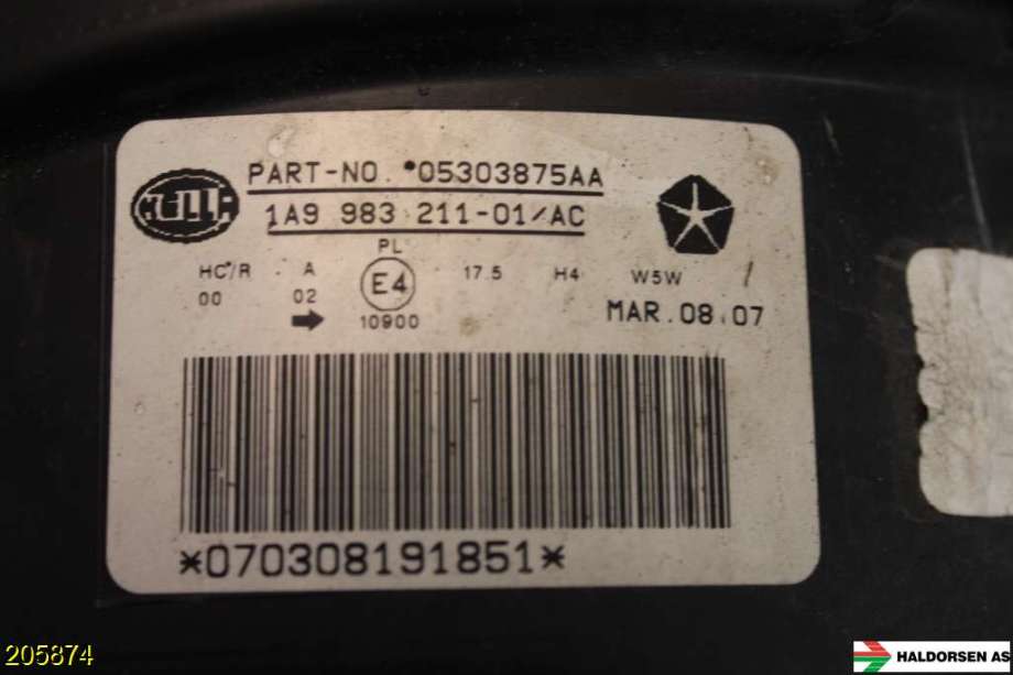 Frontlykt venstre halogen til Jeep Compass 2007-2009 (Type I, Fase 1)  (JEEP|05303875AA|)