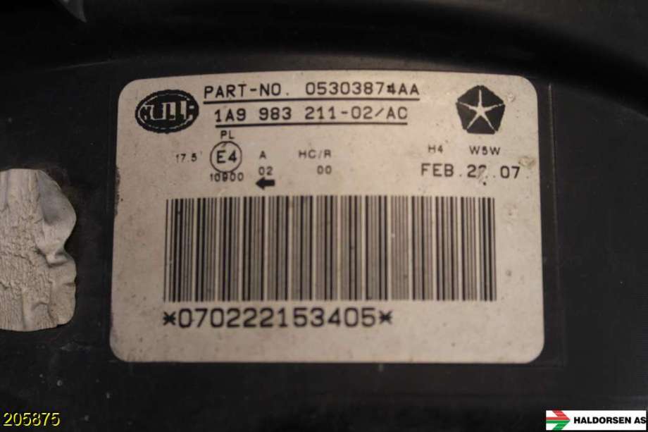 Frontlykt høyre halogen til Jeep Compass 2007-2009 (Type I, Fase 1) (JEEP|05303874AA|)