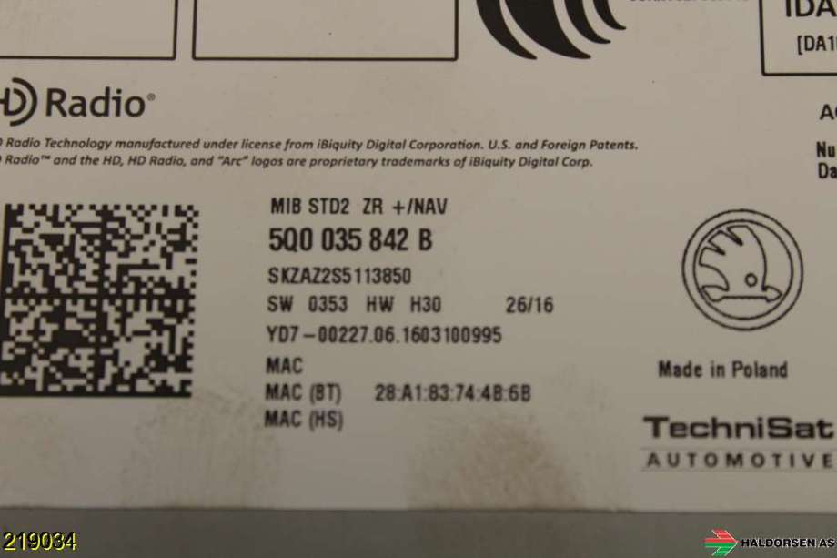 Styreenhet DAB til Škoda Rapid 2012-2019  (SKODA|5Q0 035 842 B|)