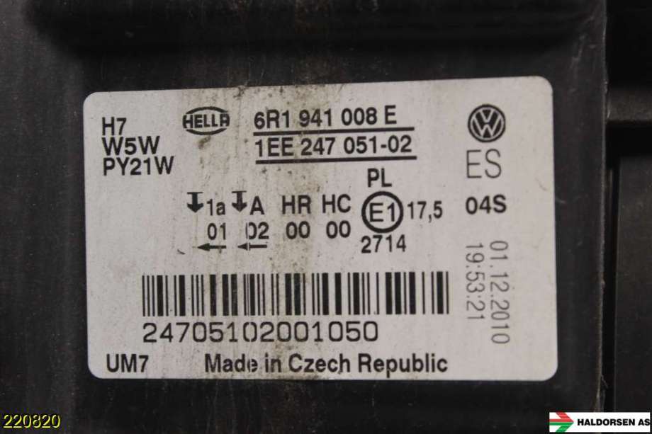 Frontlykt høyre halogen til VW Polo 2009-2014 (Type V, Fase 1)  (VOLKSWAGEN|6R1 941 008 E|)