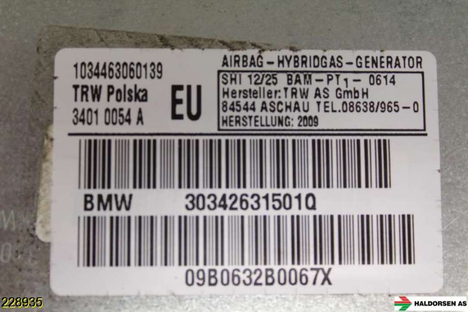 Airbag sidepute venstre til BMW X3 2007-2010 (Fase 2) (E83) (E83) (BMW|72 12 3 426 315||303542631501Q)