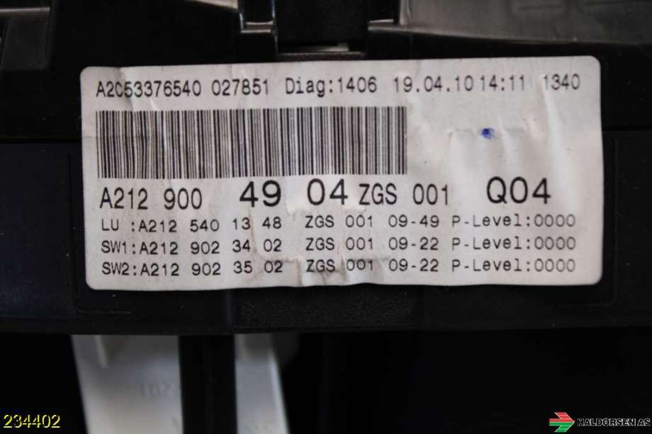 Instrumentpanel til Mercedes E-Klasse 2009-2013 (Fase 1) (W212) (W212) (MERCEDES|A 212 900 49 04|)