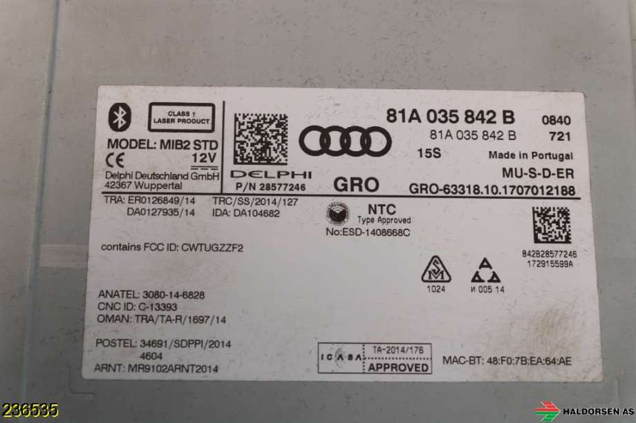 Bilstereo til Audi A3 2016-2020 (Type III, Fase 2)  (AUDI|81A 035 842 B|)