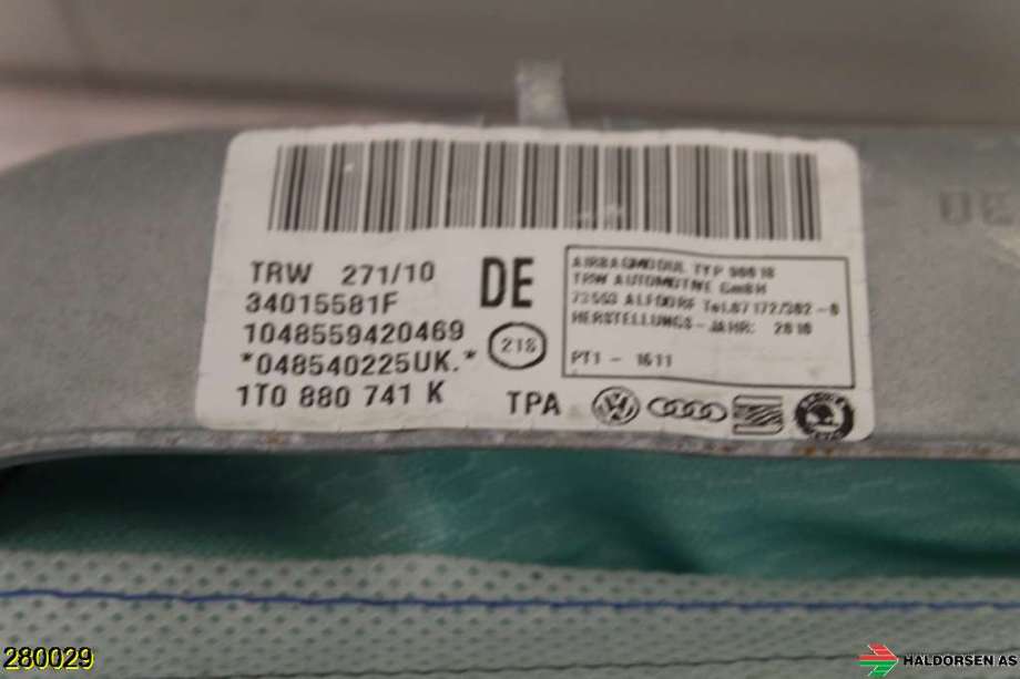 Airbag gardin venstre til VW Touran 2010-2015 (Type I, Fase 3)  (VOLKSWAGEN||1T0880741K)