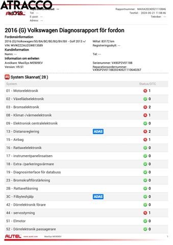 VW Golf VII 2012-2017 (Fase 1) , Motorkode: CUKB, Girkassekode: Automat