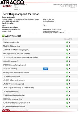 Mercedes B-Klasse 2011-2018 (W246) (W246), Motorkode: OM651.901, Girkassekode: Automat