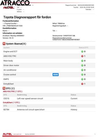 Toyota Corolla 2007-2013 , Motorkode: 1ZR-FE, Girkassekode: Automat