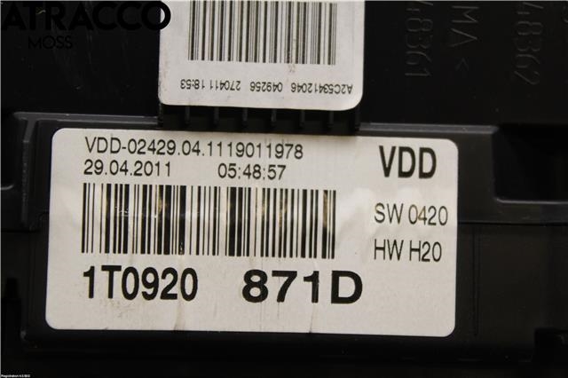 Instrumentpanel til VW Touran 2010-2015 (Type I, Fase 3)  (1T0920871DX|)