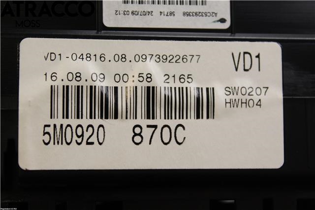 Instrumentpanel til VW Golf, Plus/Cross 2009-2013 (Fase 2)  (5M0920870CX|)