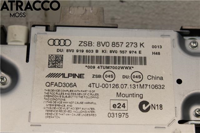Multimedia display (MCU - Media Controller Unit) til Audi A3 2012-2016 (Type III, Fase 1)  (8V0857273M|)